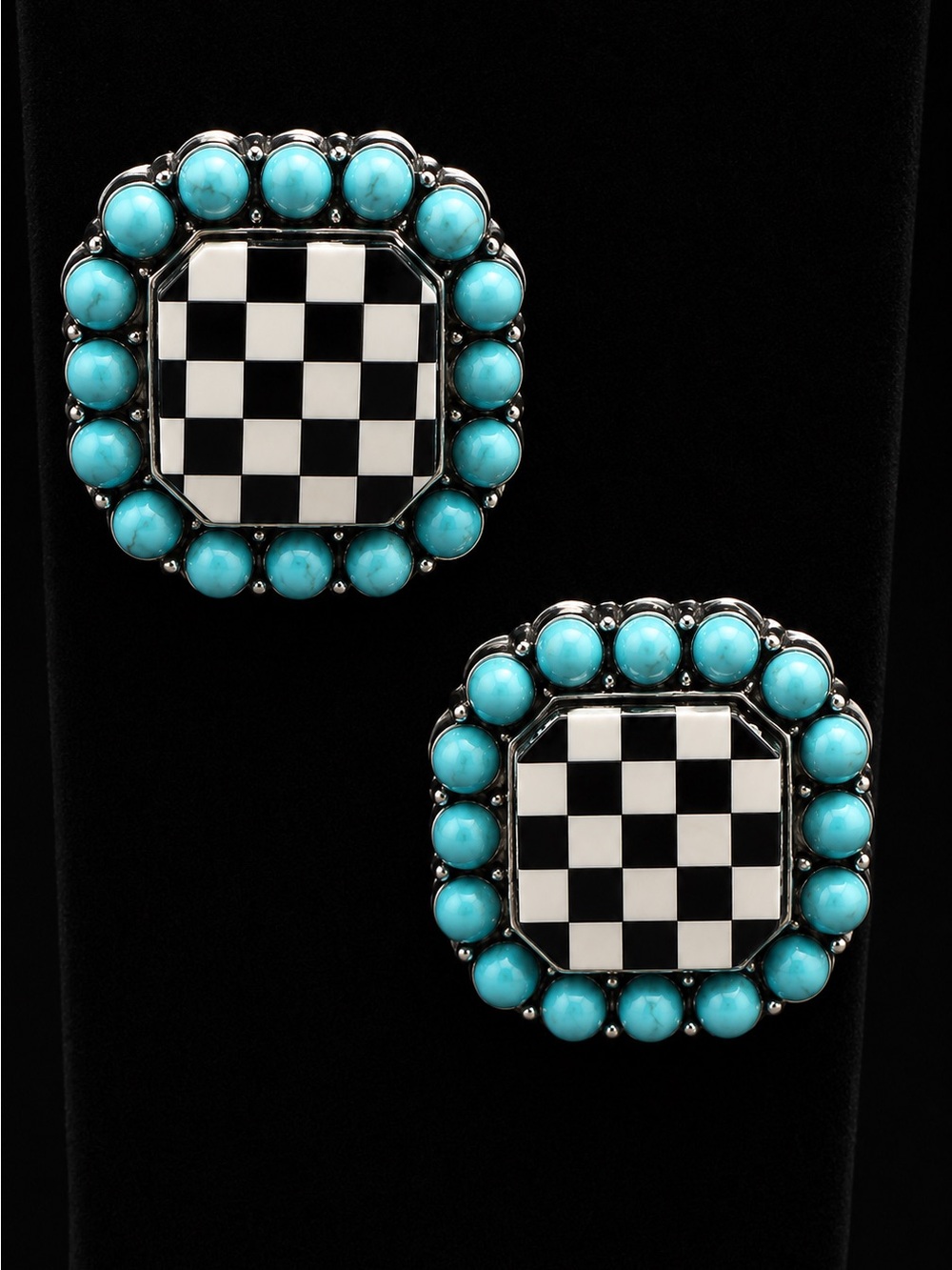 Checkerboard Square Earrings with Turquoise Bead Frame